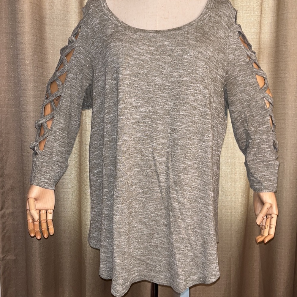 Terra & Sky Womens 2X Heather Green Chris Cross Sleeve Knit Pullover Sweater